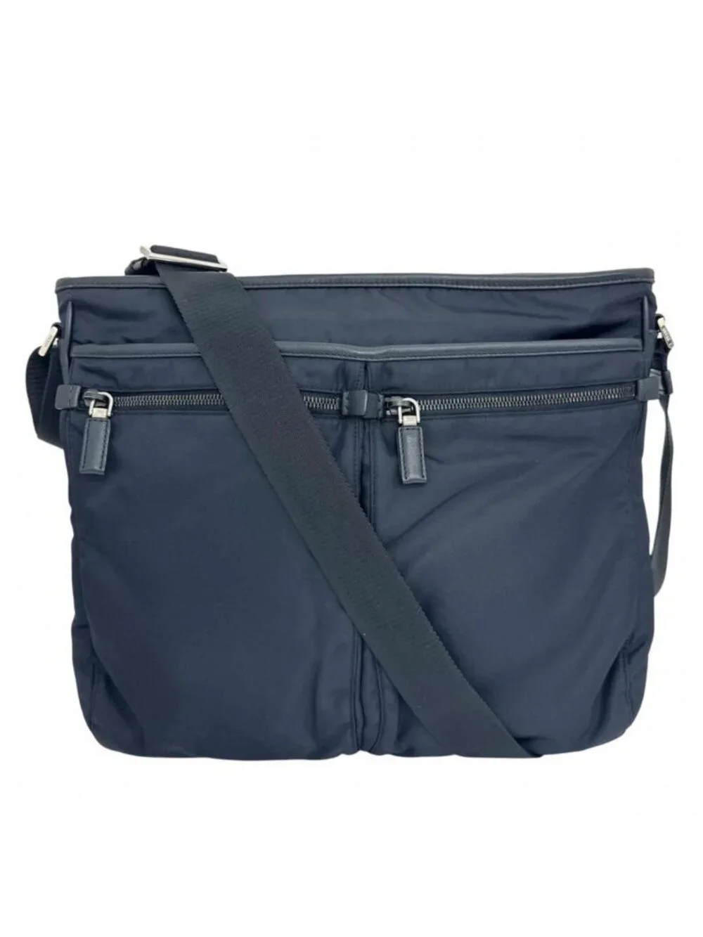 Prada Shoulder Bag Crossbody Nylon Saffiano Leather Navy Silver